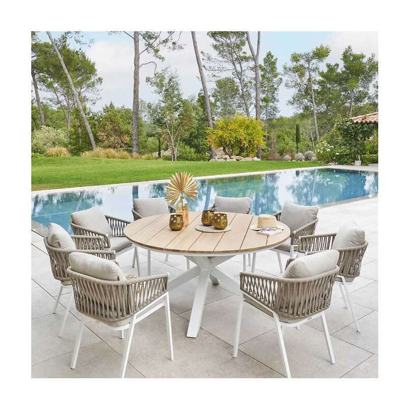 Table de jardin ronde ORIENGO Acacia & Blanc